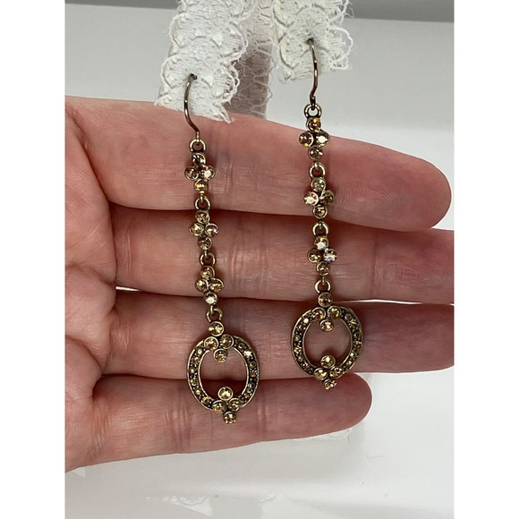 Vtg Monet Gold Tone Champagne Rhinestone Dangle Drop Hook Earrings Signed - Picture 2 of 8